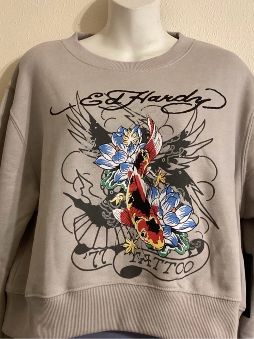 Ed Hardy Beige Crewneck with Colorful Koi & Floral Tattoo Print crop top